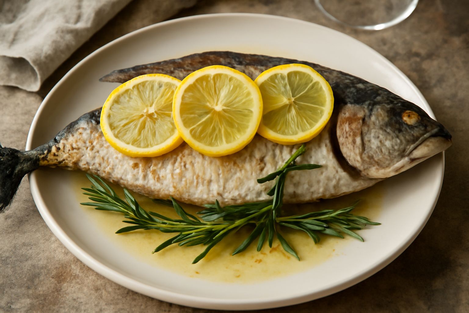Palamita intera al forno, dorata in superficie, con limone a fette sopra e intorno, rosmarino fresco, olio d'oliva che brilla sulla pelle croccante, su un piatto bianco