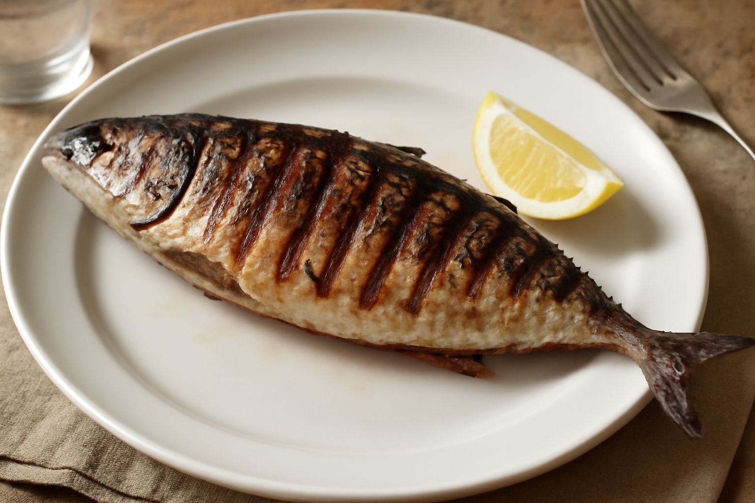 Palamita intera croccante su griglia rovente, con pelle dorata e segni di cottura, limone fresco tagliato accanto e olio d'oliva, fondo scuro da tavolo di legno