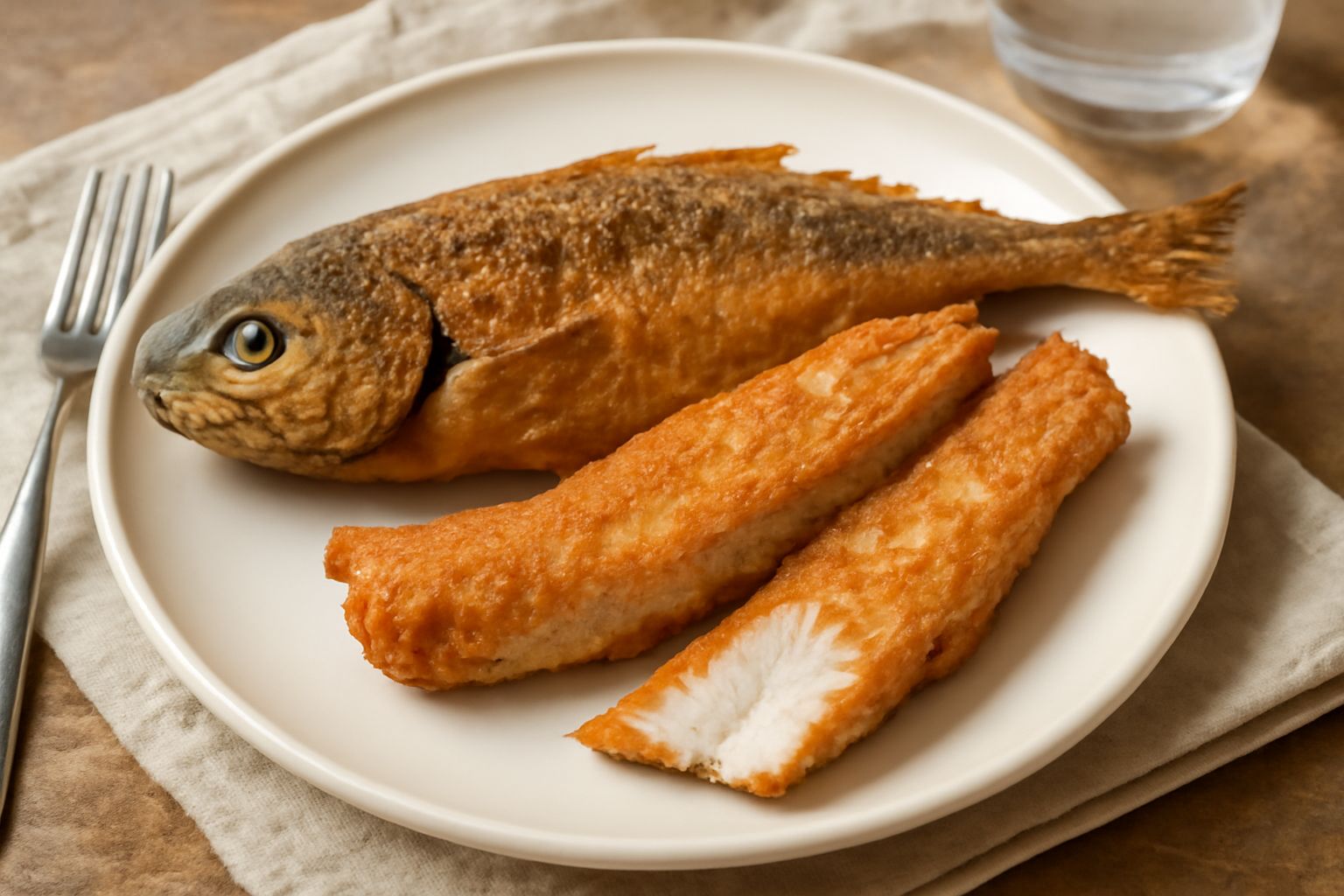 Palamite intere fritte dorate e croccanti disposte su carta assorbente bianca, con limone fresco affettato e prezzemolo verde al lato