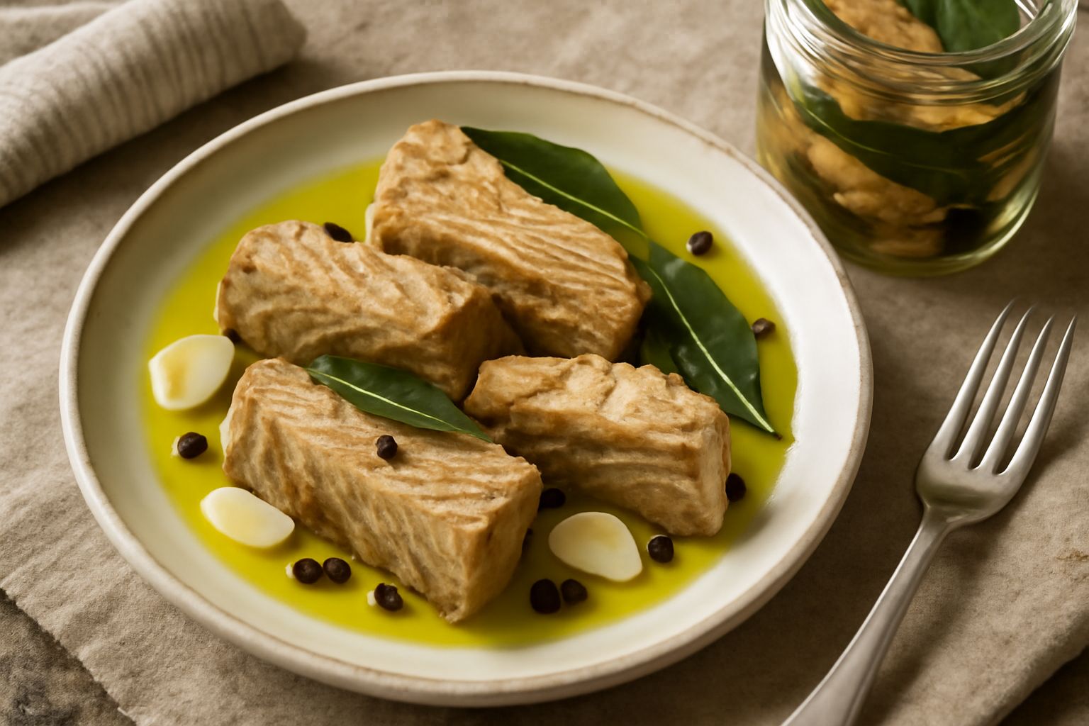 Vasetto di vetro trasparente con filetti di palamita dorata immersi in olio d'oliva trasparente, guarniti con alloro e pepe nero, su sfondo bianco