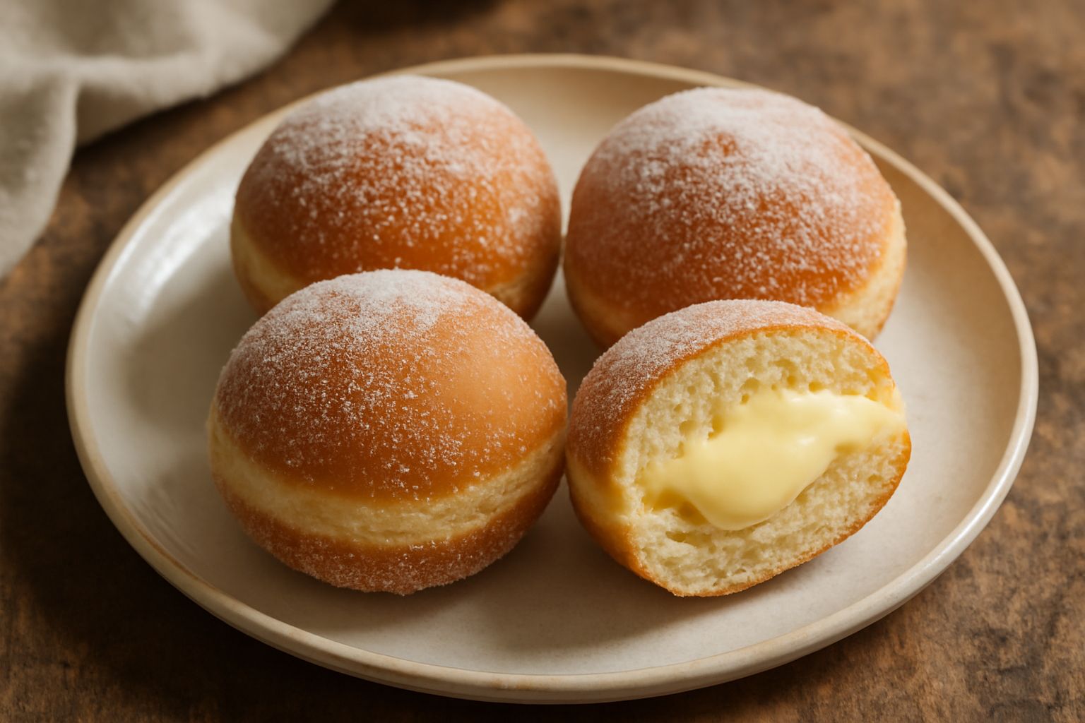 Tre palle di Berlino toscane dorate e piene di zucchero vanigliato, appoggiate su carta assorbente bianca, con una leggera vena di crema pasticcera che fuoriesce dal taglio laterale