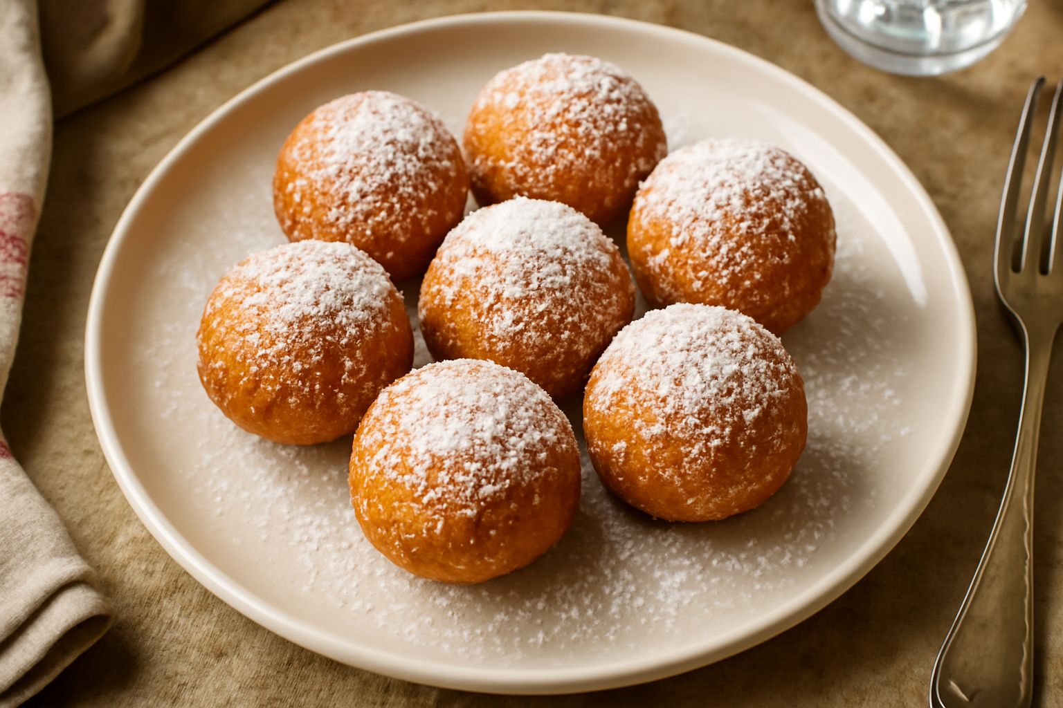 Palle di ricotta bianche e rotonde ricoperte di zucchero su un piatto bianco, con una tazza di caffè sfuocato sullo sfondo