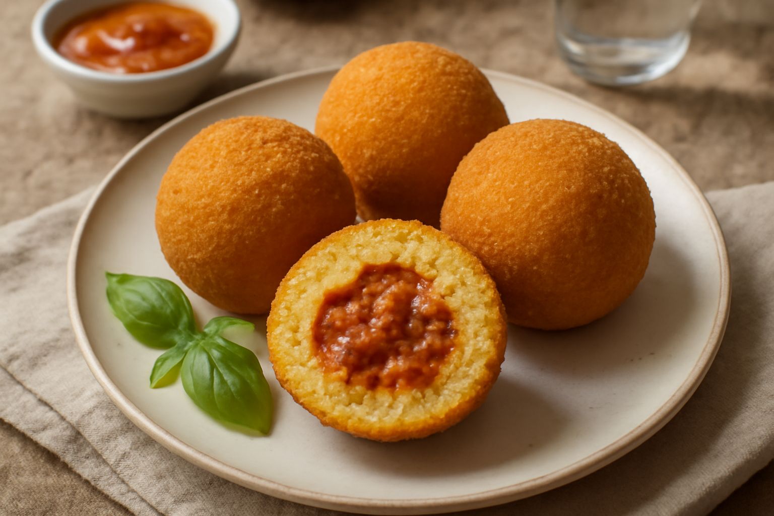 Tre palle di riso fritte dorate e croccanti nel piatto, tagliate a metà per mostrare il ragù e la mozzarella filante al centro, accompagnate da salsa di pomodoro e prezzemolo fresco