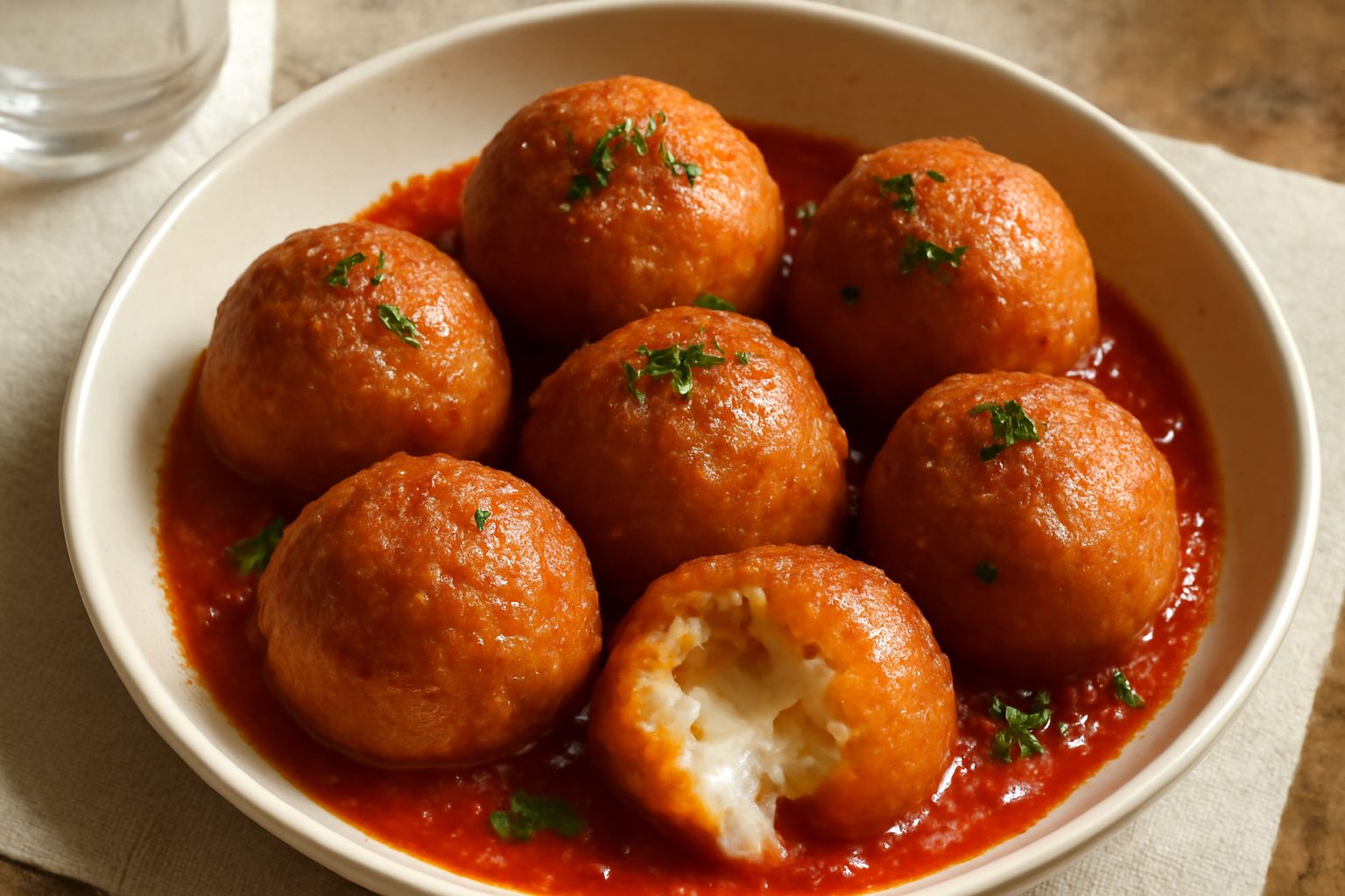 Pallotte dorate e sferiche disposte su un piatto bianco, appena fritte, con formaggio filante visibile, guarnite con prezzemolo fresco