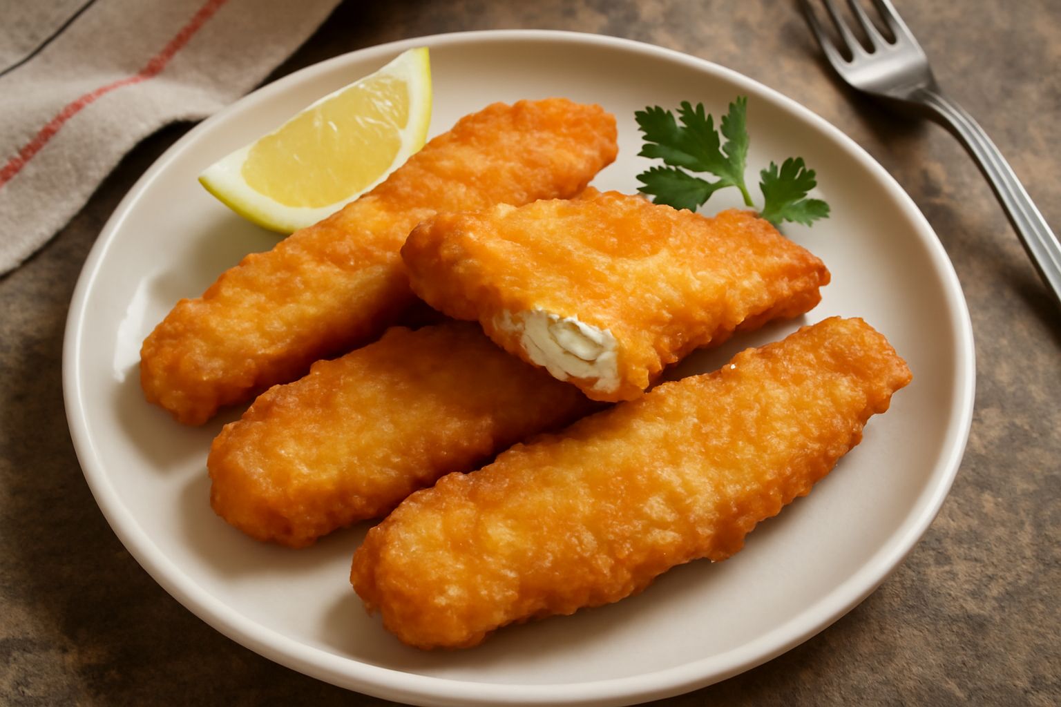 Filetti di palombo fritti color oro, impilati su un piatto bianco con limone fresco affettato e prezzemolo verde, buccia croccante visibile, olio leggermente gocciolante