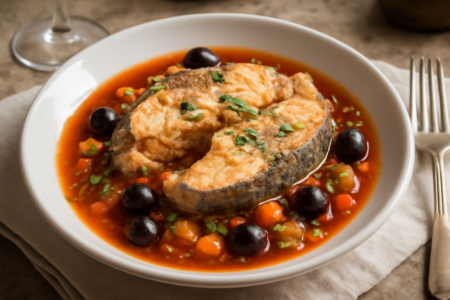 Palombo in umido servito in piatto bianco con salsa pomodoro, olive nere e prezzemolo fresco, contornato da piccole patate e carote cotte nel brodo