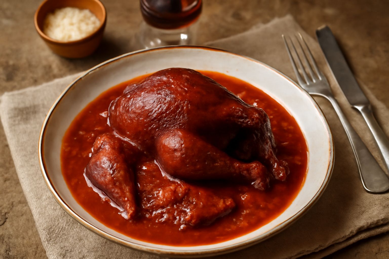 Piccione affumicato intero rosso scuro servito in un piatto fondo bianco con salsa di pomodoro, cipolla morbida e aromi verdi, vapore caldo ancora visibile dalla cottura