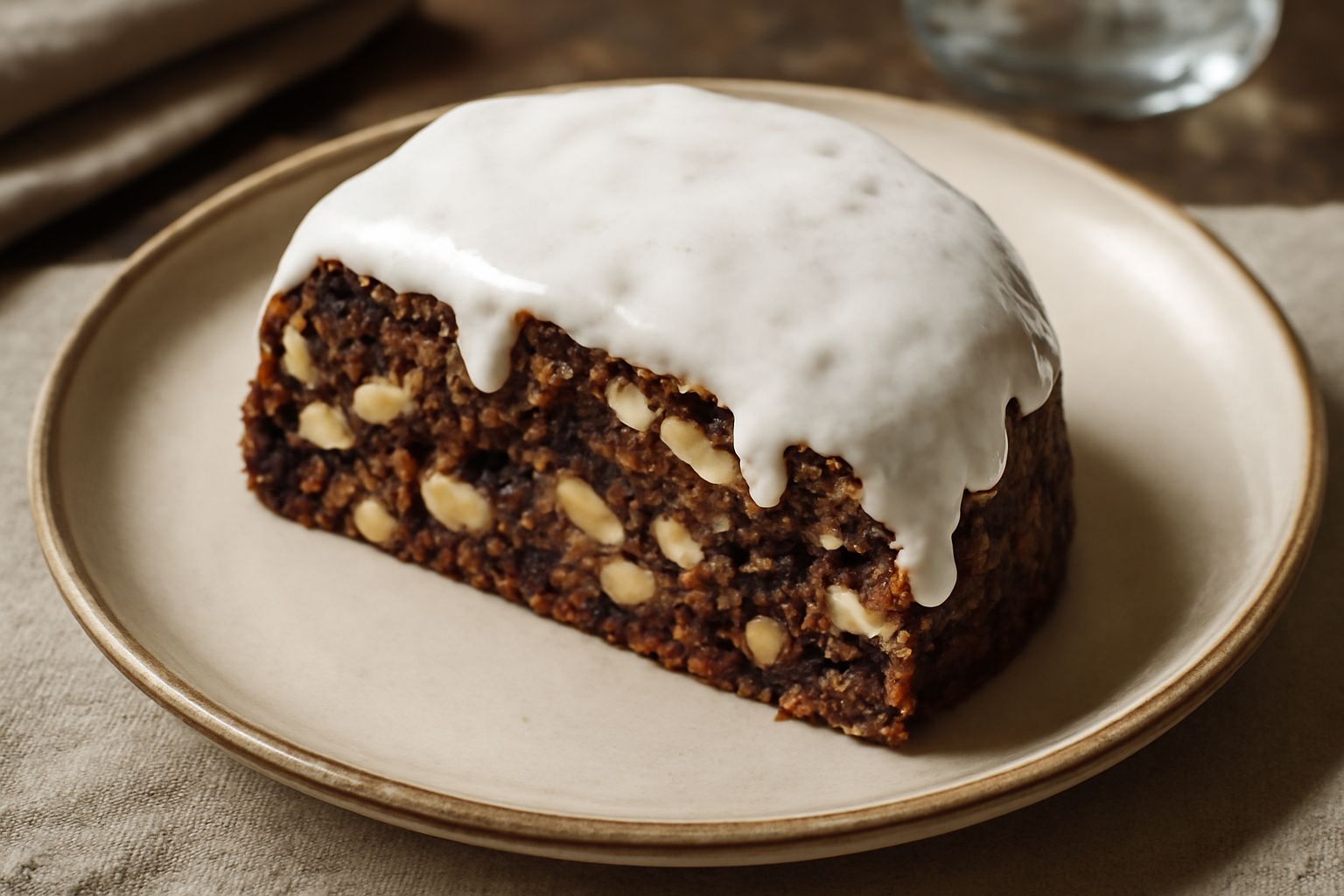 Pampepato ternano affettato, sezione visibile con noci, mandorle, uvetta e cioccolato scuro, coperto da glassa di zucchero candito bianco, su tavolo di legno chiaro