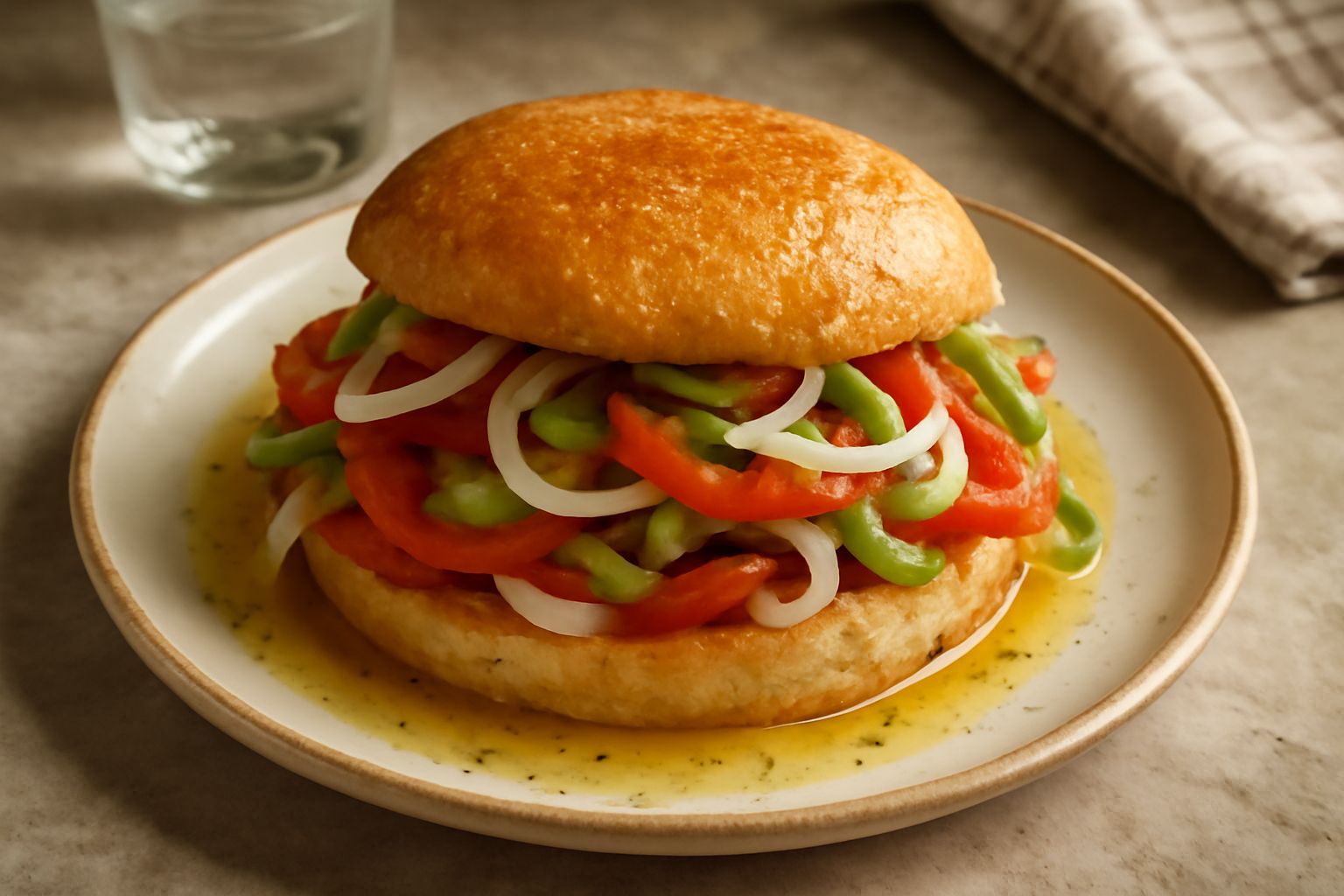 Un pan bagnato tagliato a metà su un piatto bianco, con pane dorato inzuppato d'olio, fette di pomodoro rosso, sottili fette di cipolla bianca, peperoni gialli e rossi, una foglia di prezzemolo verde 