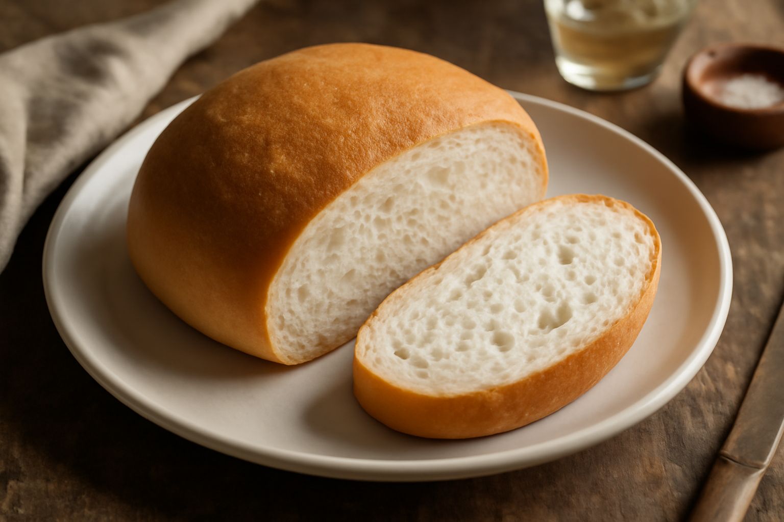 Pan bianc appena sfornato, intero e affettato, con crosta dorata e uniforme, miolo bianco e alveolato, posato su un tavolo in legno con una ciotola di farina accanto