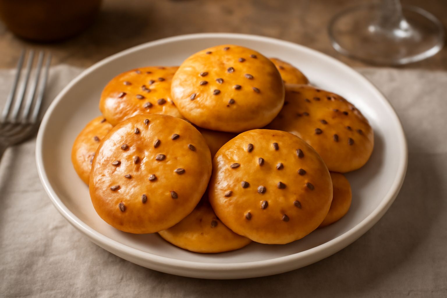 Una manciata di biscotti salati pan bisà di colore dorato con superficie brillante e puntini di semi di anice visibili, impilati leggeri su un piatto di ceramica bianca