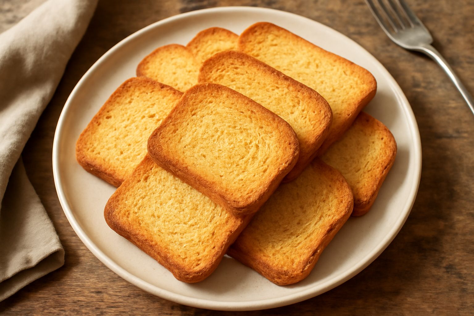 Fette dorate di pan biscotto impilate su un piatto bianco, con superficie dorata e croccante, accanto a una tazza di caffè e un canovaccio di lino beige