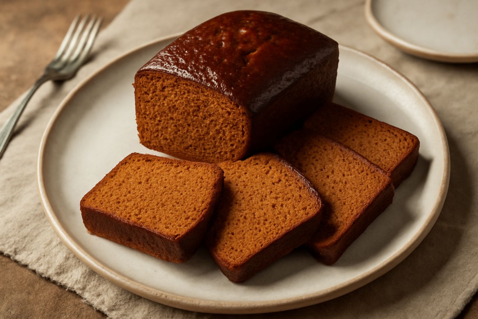 Pan d'épices a fette su un piatto bianco, dalla crosta marrone scuro e l'interno morbido color ambra, con una spolverata di zucchero a velo, accanto a una tazza di caffè e spezie sparse