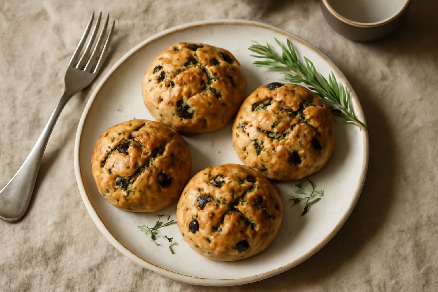Pan di ramerino dorato su piatto di ceramica bianca, foglie di rosmarino fresco sparse intorno, texture irregolare e rustica del biscotto