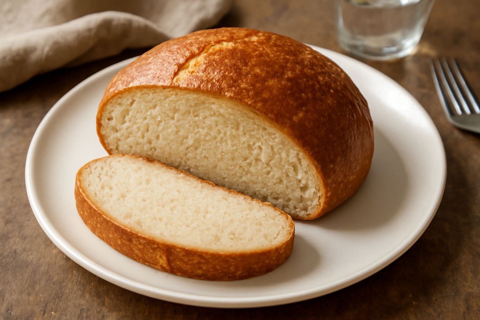 Un pan di semola a forma ovale con crosta dorata e lucida, tagliato a metà mostrando la mollica color crema compatta, posato su una tavola di legno con spighe di grano