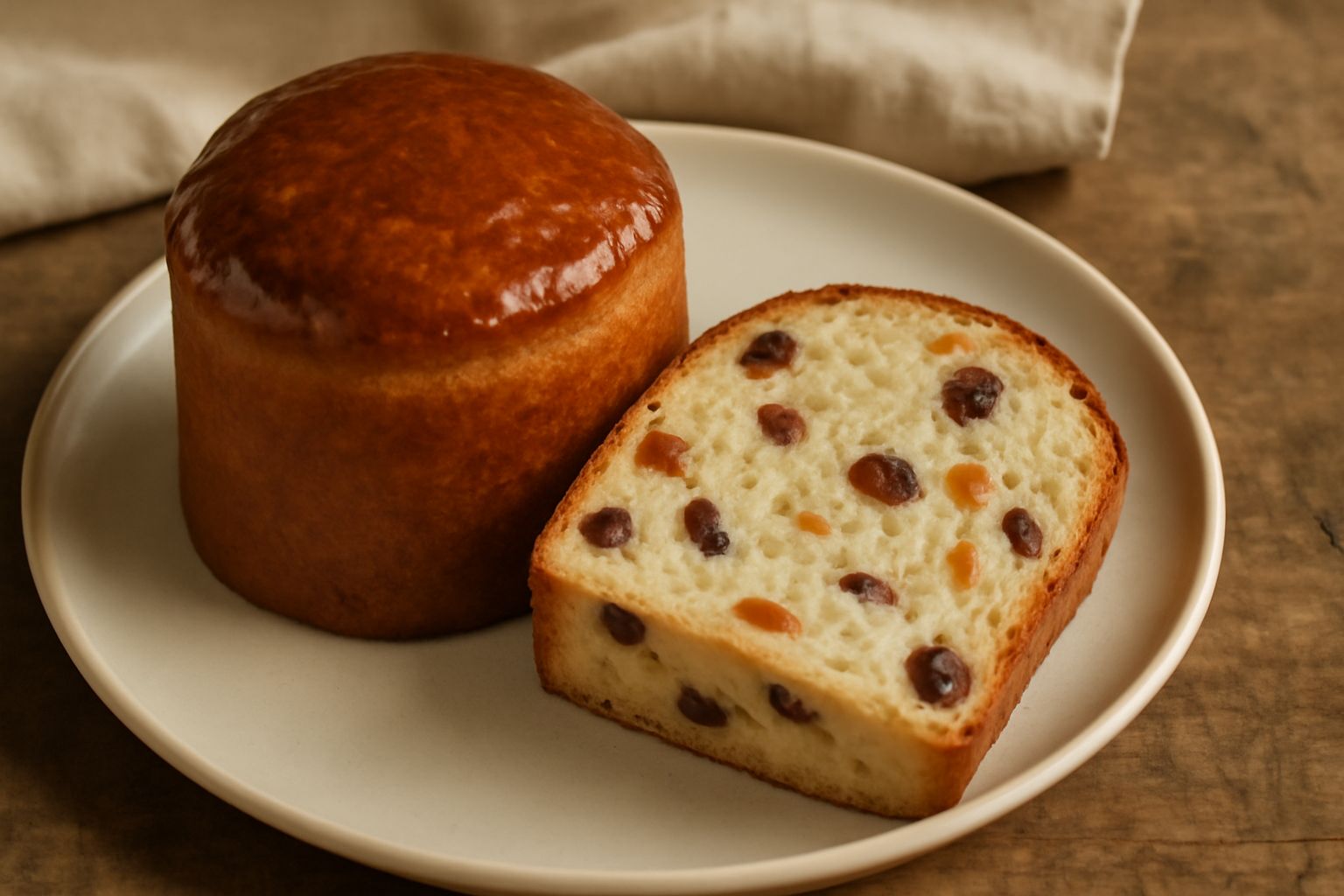 Pan dolce intero dorato, affettato e disposto su un vassoio bianco con uvetta visibile e frutta candita, con una tazza di caffè al lato