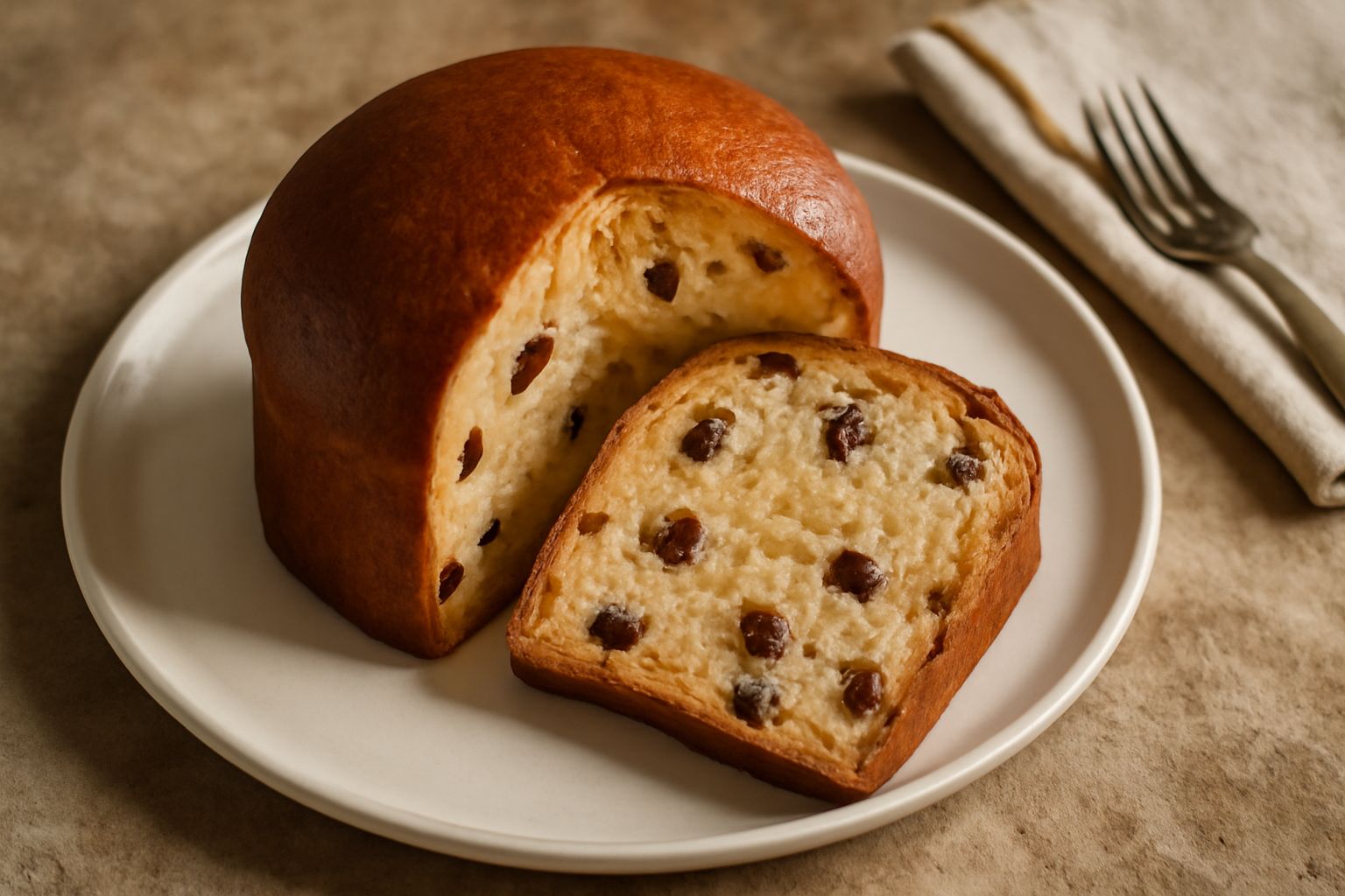 Pan dolce dorato appena sfornato, tagliato a fette, con crosta color nocciola e interno morbido con visibili pezzi di uvetta, servito su un piatto di ceramica bianca con una tazza di caffè