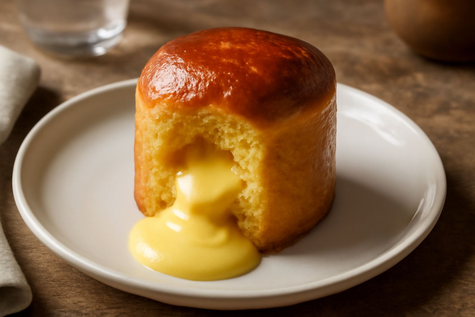 Pan d'ou tagliato in fette, con la mollica giallo dorato e soffice, il ripieno di crema pasticcera visibile in sezione, servito su un piatto bianco con una tazza di caffè sfocata sullo sfondo
