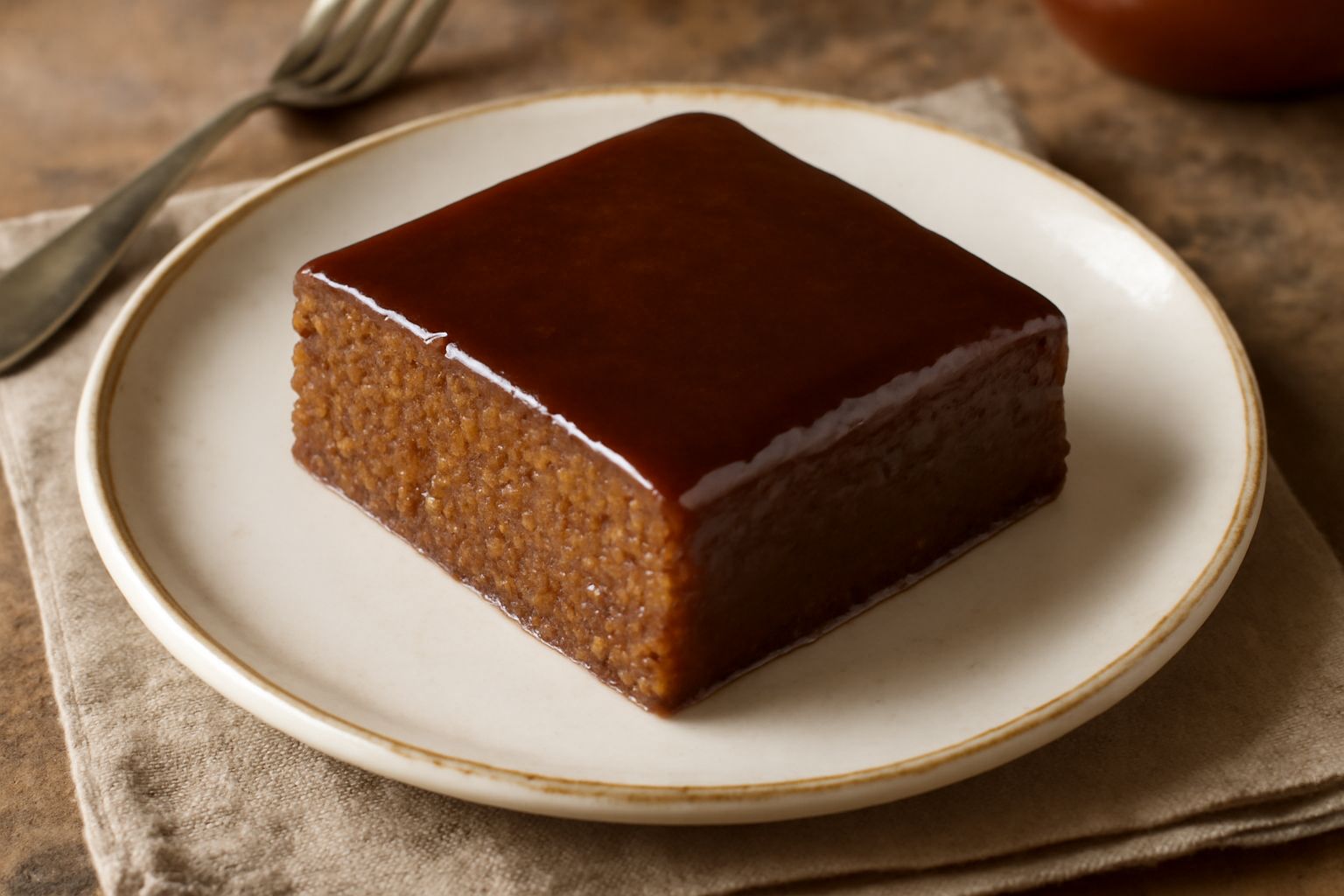Pan melato affettato su un tagliere di legno, superficie dorata e lucida, fette ordinate di colore marrone carico, spezie visibili in superficie, accanto una tazza di tè fumante