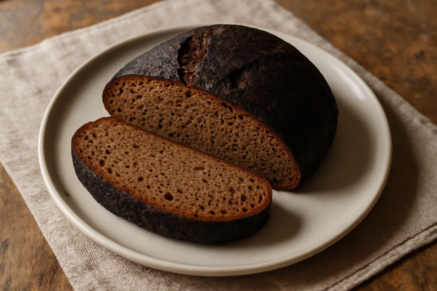 Pane nero toscano affettato su tavola di legno, crosta scura e uniforme, mollica marrone chiaro con alveoli visibili, accanto spighe di grano e segale