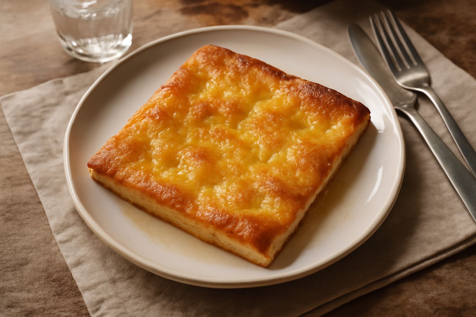 Focaccia ligure pan ota appena sfornata, dorata e brillante di olio, con superfice increspata, servita intera su tavolo di legno rustico
