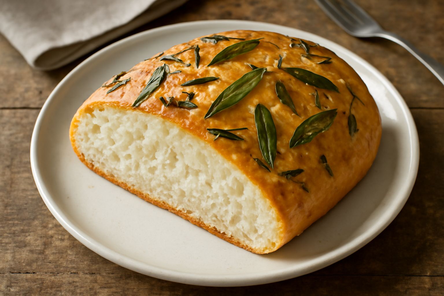 Pane toscano alle erbe appena sfornato, tagliato a fette, con crosta dorata uniforme, rosmarino verde e salvia visibili in superficie, vapore ancora tiepido, presentato su un tagliere di legno chiaro 