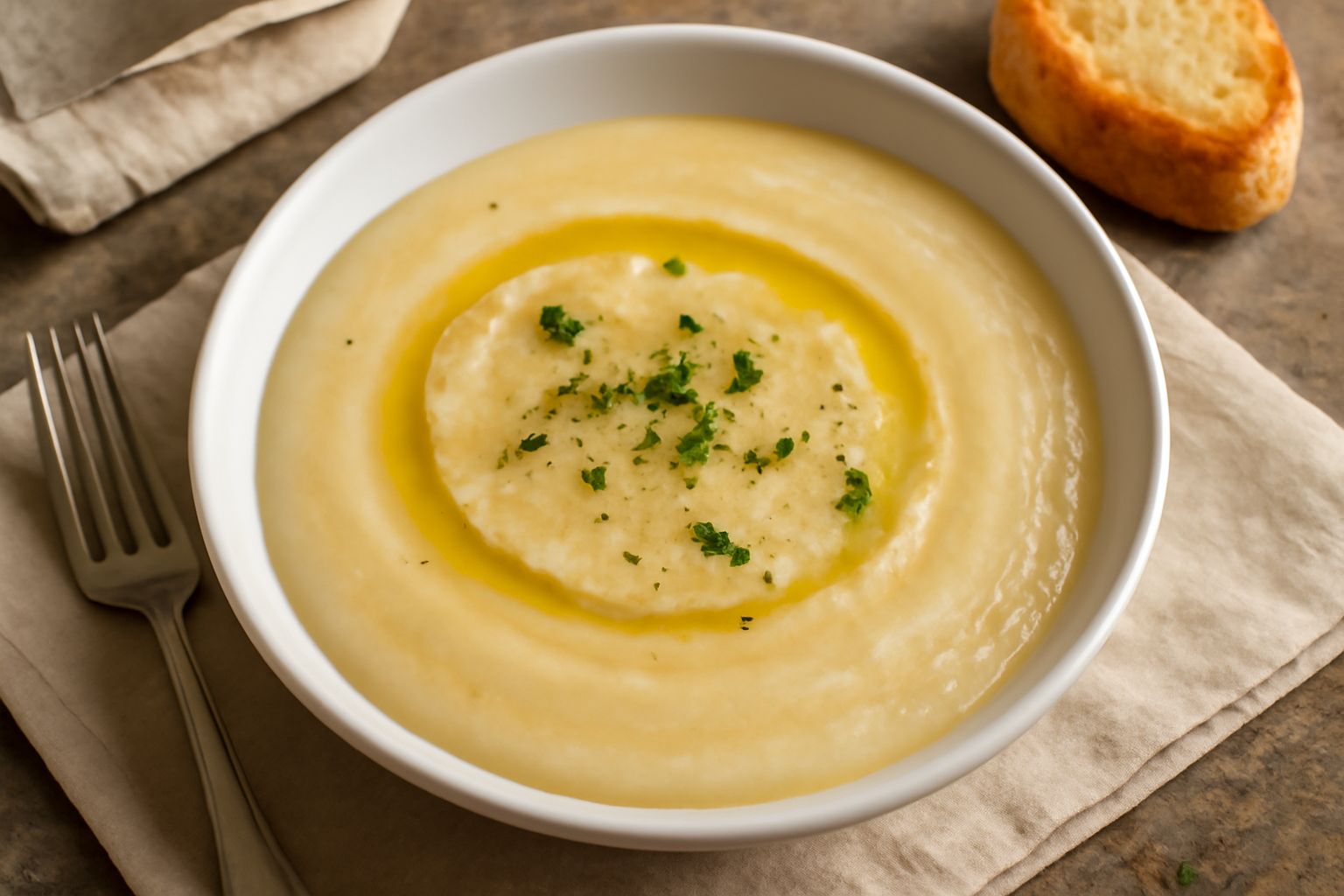 Ciotola di panada color bianco crema, cremosa e uniforme, servita in piatto fondo bianco con filo di olio d'oliva giallo e pepe nero in superficie, pane secco spezzettato a lato