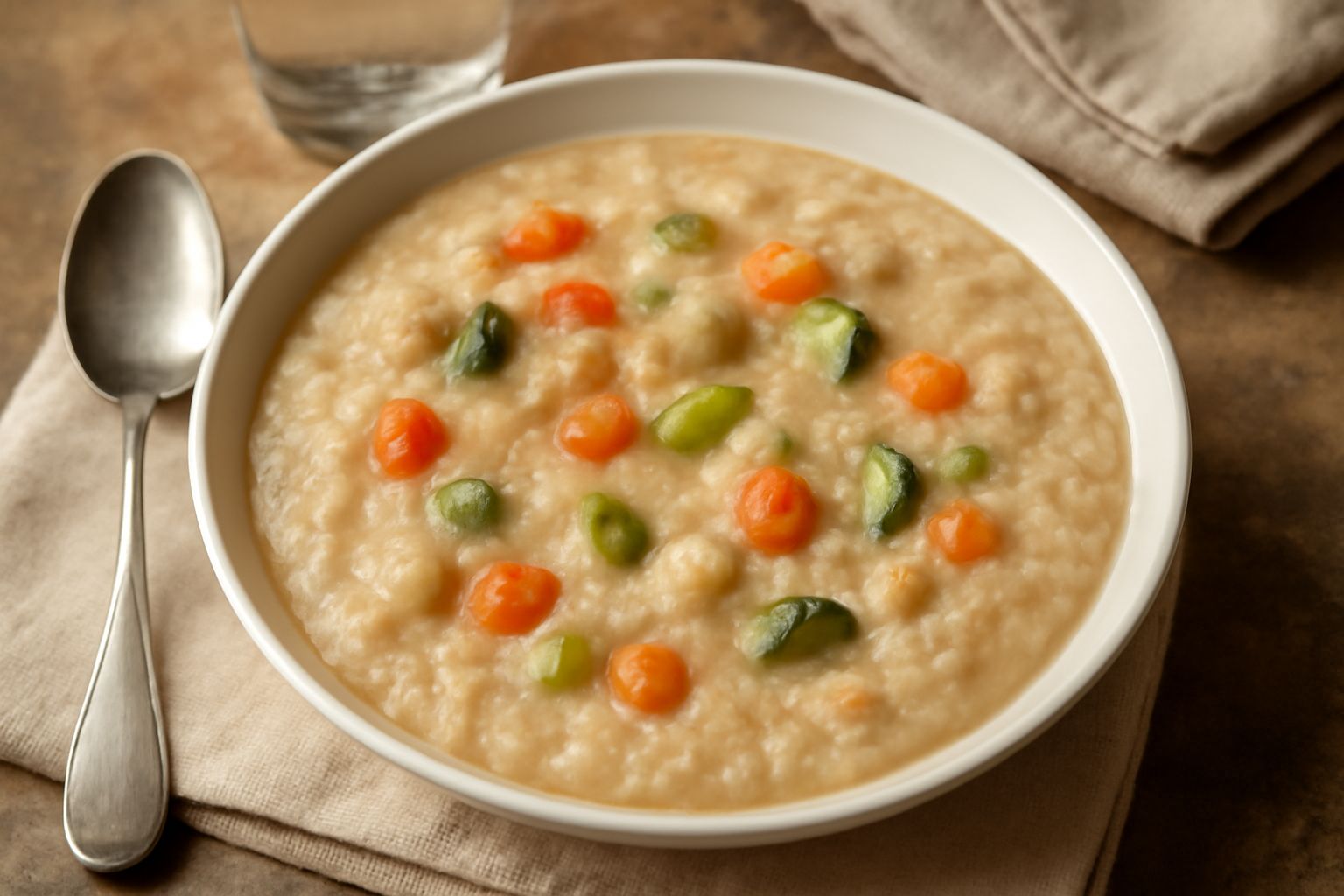 Una ciotola di panada di verdure cremosa e beige con pezzi morbidi di pane, carote e zucchine visibili in superficie, guarnita con prezzemolo fresco e un filo di olio d'oliva