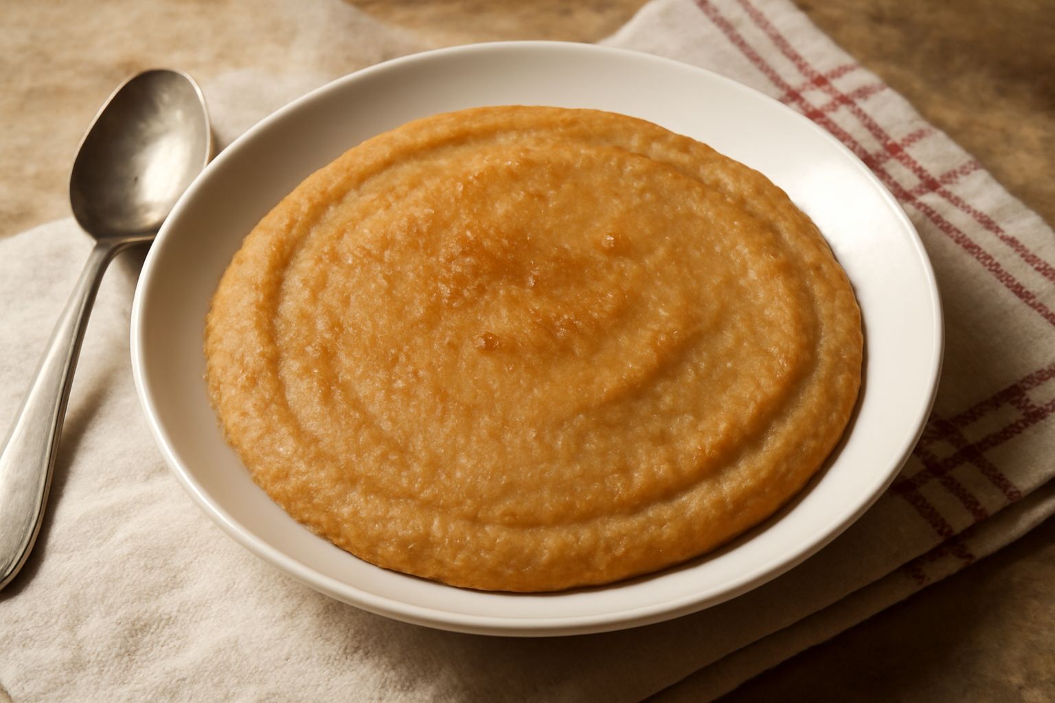 Una ciotola di panada dolce beige dorata in superficie, cremosa al centro, con una texture morbida e uniforme, servita in un piattino di ceramica bianca con un cucchiaio