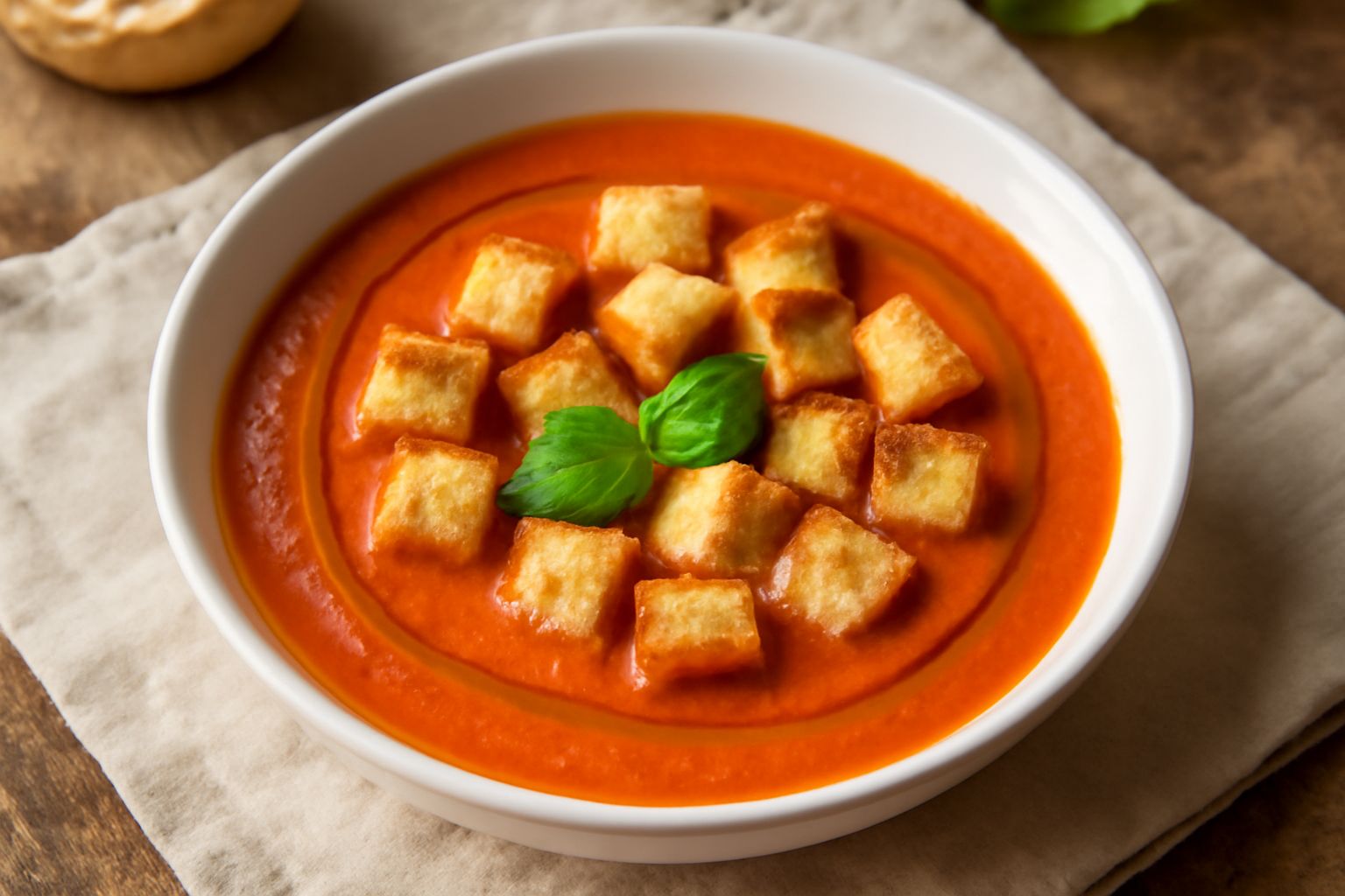 Ciotola di panada fredda cremosa color rosso-arancio con cubetti di pane leggermente tostato in superficie, filo di olio d'oliva verde, basil fresco e bicchiere d'acqua accanto su tavolo bianco in luc