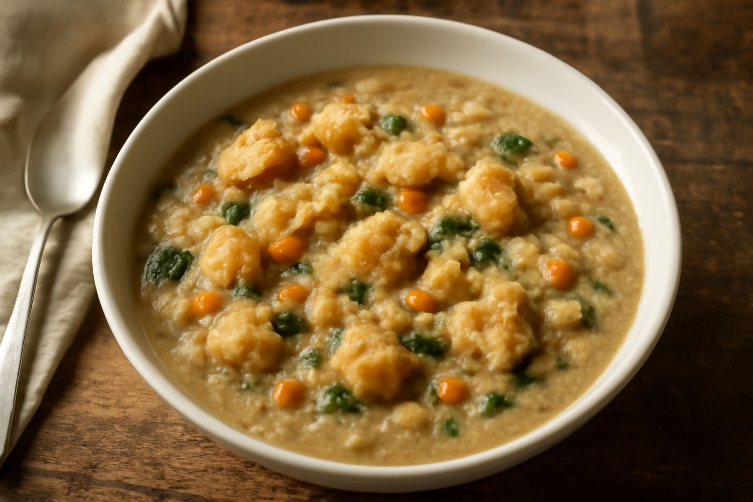 Una ciotola di panada piemontese con pane scuro sbriciolato, verdure morbide, brodo ambrato che copre gli ingredienti, cucchiaio di metallo dentro il piatto, tavolo di legno scuro