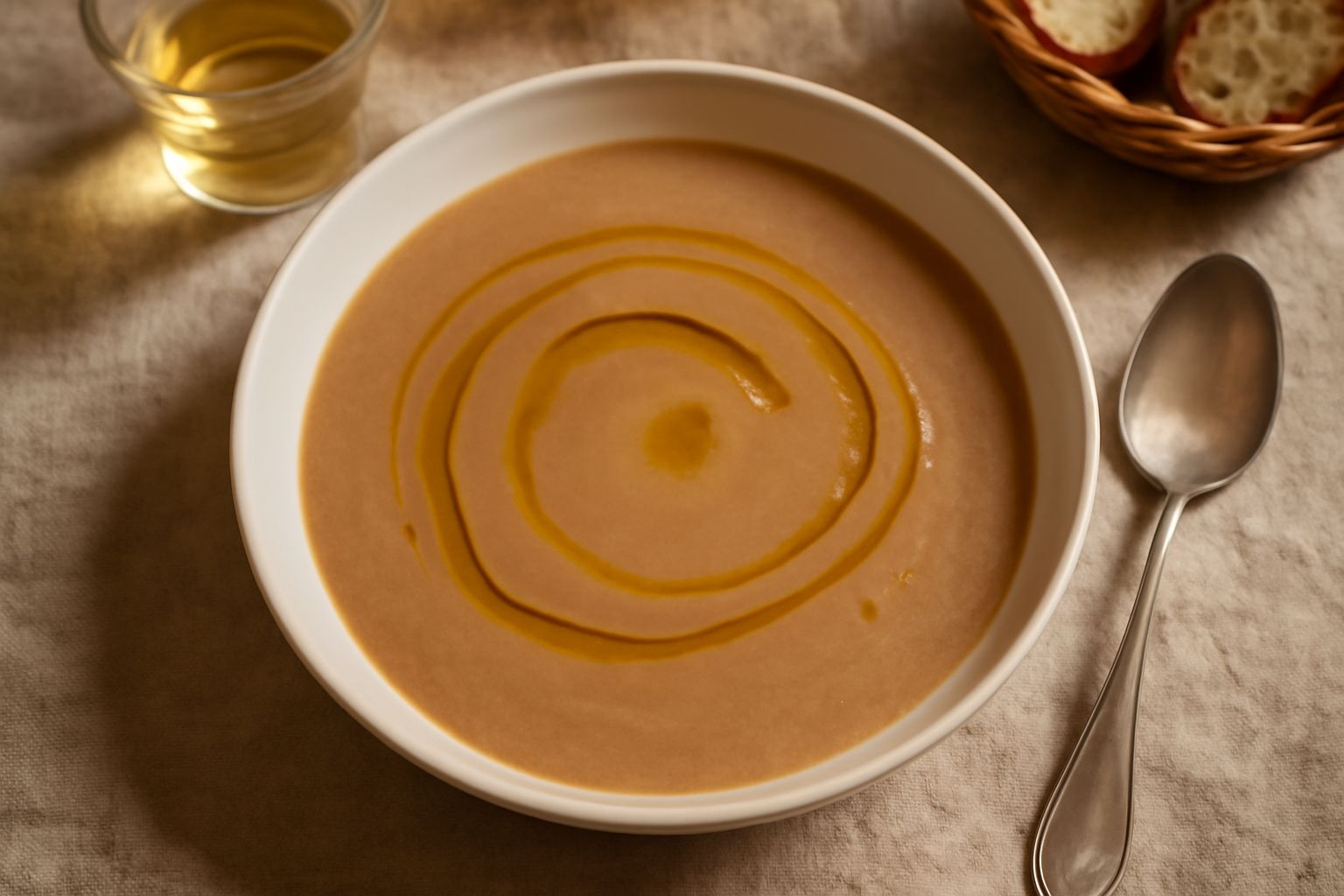 Ciotola di ceramica bianca riempita di panada cremosa color bigio, fumante, con filo di olio d'oliva sulla superficie e pezzetti di pane visibili, cucchiaio d'argento poggiato sul bordo