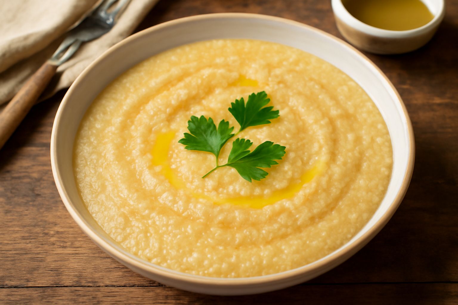 Scodella di ceramic bianca con panada cremosa giallo-dorata, guarnita con prezzemolo fresco verde e filo d'olio al centro, su tovaglia di lino beige