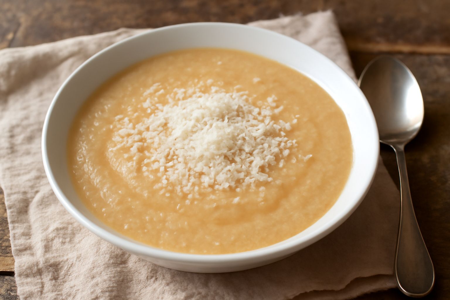 Ciotola di panade color beige chiaro, cremosa e liscia, con una nuvola di parmigiano grattugiato al centro, cucchiaio d'argento appoggiato al bordo, piatto bianco su tavolo scuro