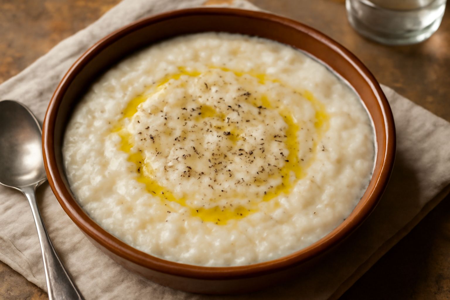 Una ciotola di ceramica bianca con panade fumante color crema, pane duro spezzettato visibile nella consistenza densa, condita con olio d'oliva e pepe nero, servita su tavolo di legno rustico con un c
