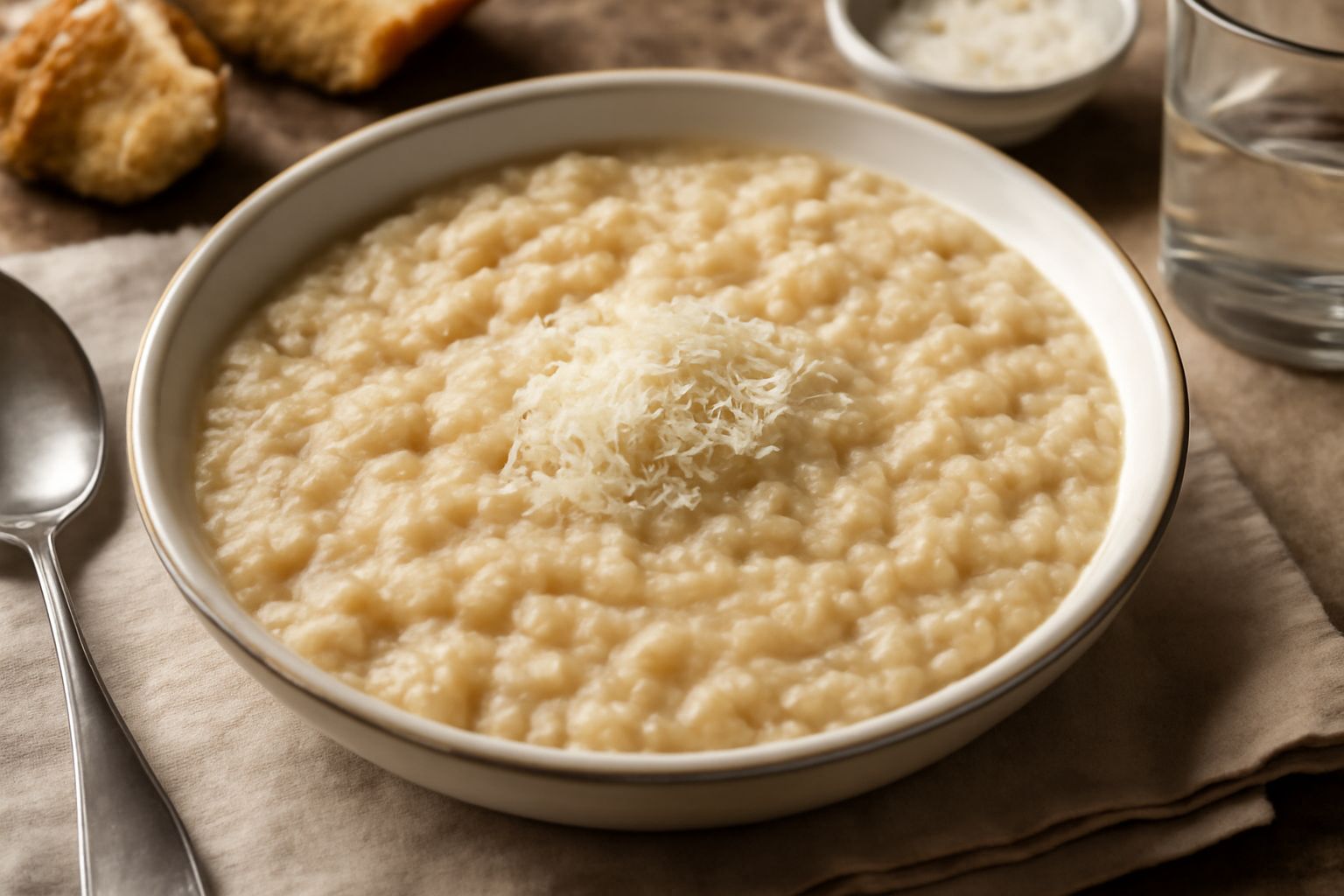 Una scodella bianca ricolma di brodo cremoso beige con pane disfatto, grattugiato di formaggio parmigiano bianco sulla superficie, vapore che sale dalla tazza, cucchiaio dentro il piatto