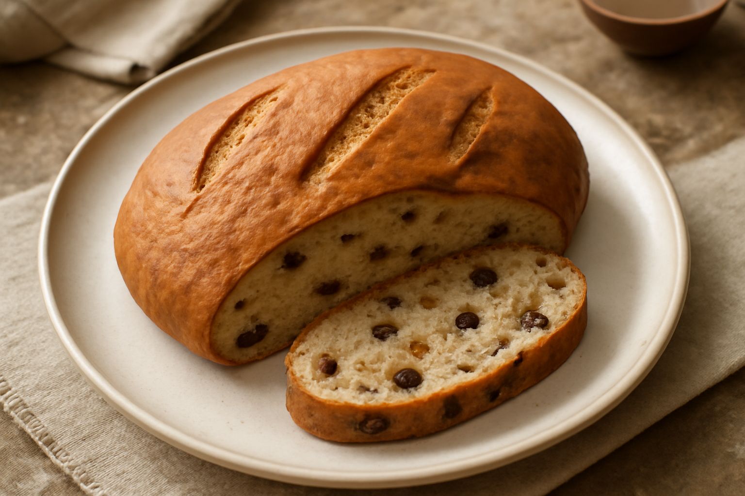 Panadone appena sfornato, forma ovale alta, crosta dorata uniforme, spaccature naturali in superficie, affettato che mostra alveoli uniformi e pezzetti di uvetta e canditi distribuiti, posato su tavol