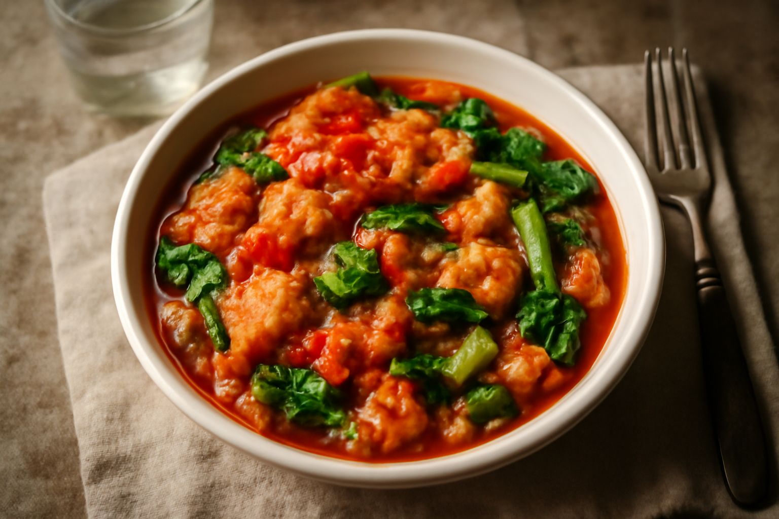 Ciotola di panaja con pezzi di pane morbidi, zucchina, pomodoro e cipolla in brodo, decorata con prezzemolo fresco su tavolo di legno chiaro