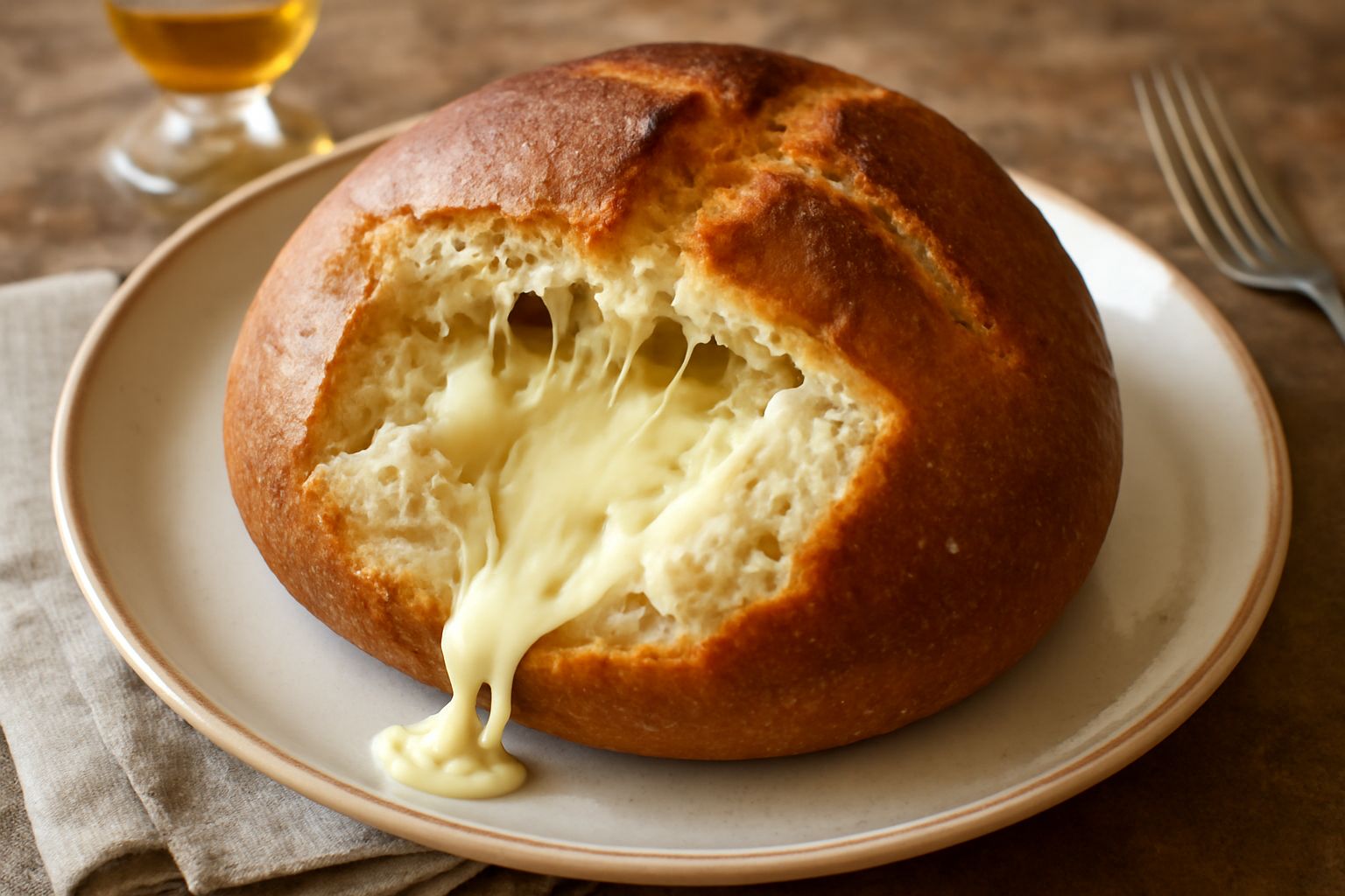 Pane rustico dorato spezzato in due che mostra il ripieno di caciocavallo filante e cremoso, servito su un piatto di ceramica con una tazza di acqua accanto