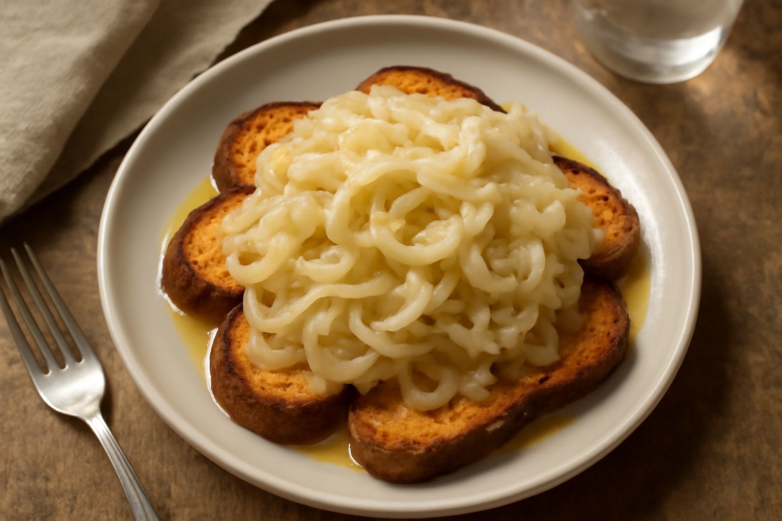 Piatto di ceramica con pane tostato a fette dorate coperto da cipolle bianche cotte in olio, ripiegate su se stesse, condite con pepe nero macinato fresco