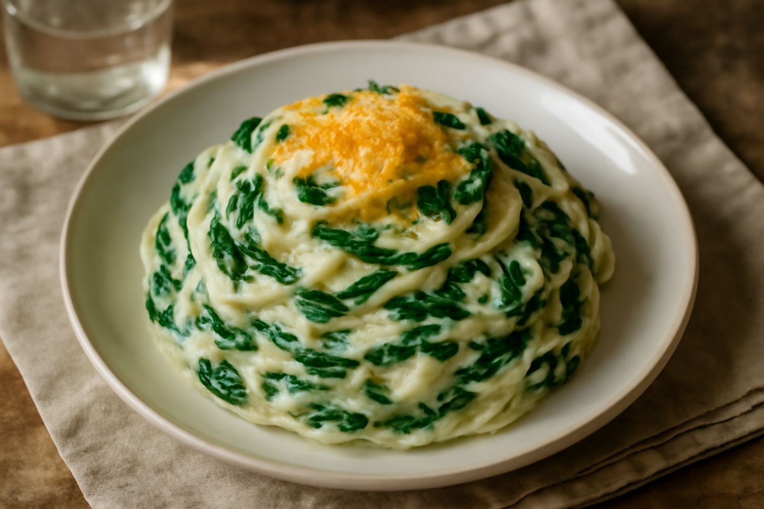 Piatto di ceramica bianca con panaru ca' ricotta e spinaci: pasta lunga color grigio-verde, cremosa e amalgamata, spolverata di formaggio grattugiato, con ricotta visibile tra i fili di pasta, su sfon