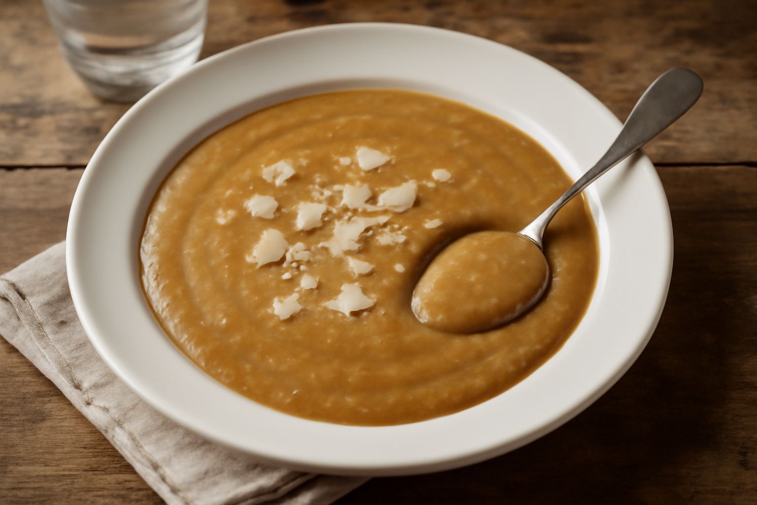 Panata in ciotola di ceramica bianca, colore marrone dorato, consistenza cremosa e densa, guarnita con parmigiano grattugiato e fettina di pane croccante, cucchiaio di legno dentro