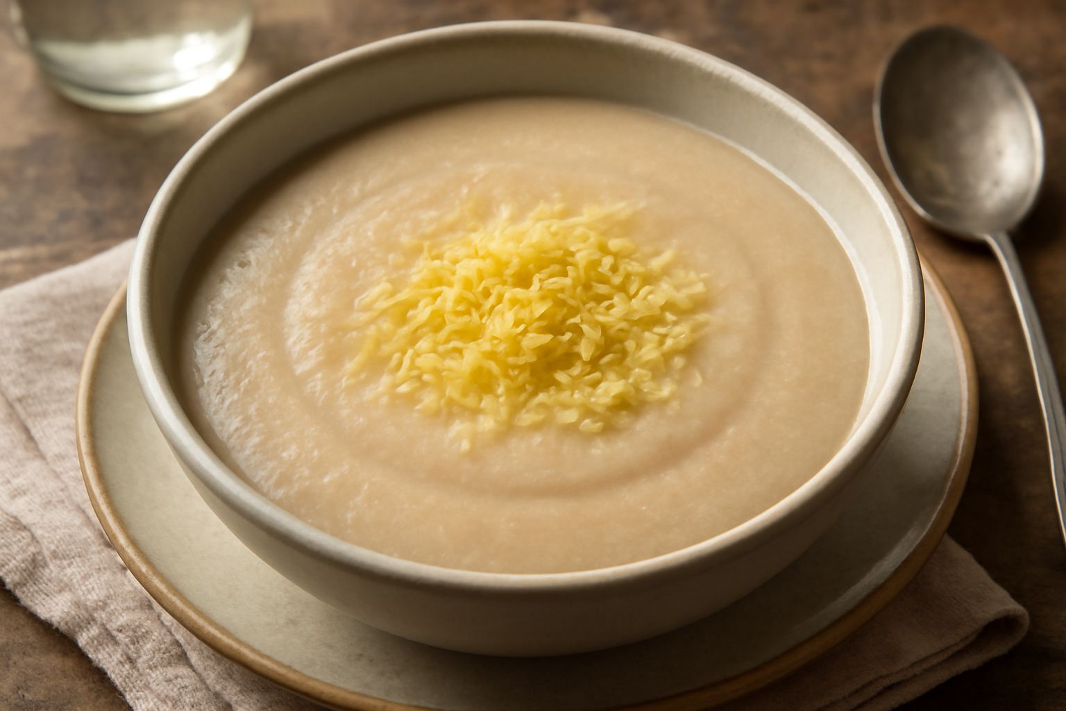 Ciotola bianca di ceramica con panata cremosa beige, superficie liscia e levigata, formaggio grattugiato sul bordo, cucchiaio di metallo nel piatto, vapore leggero che sale, fondo bianco neutro