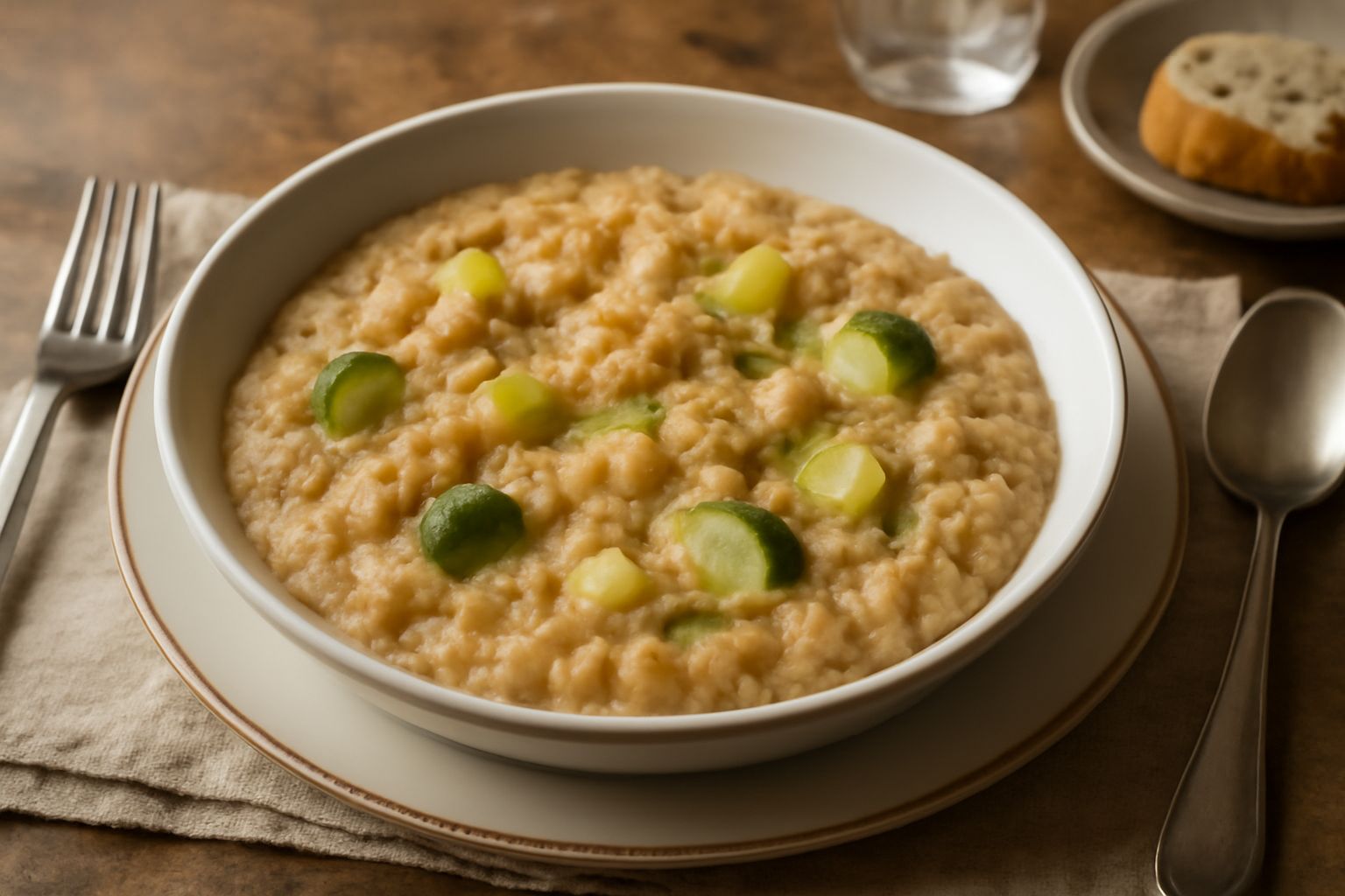 Ciotola di panata cosentina con pezzi di pane morbido e verdure immerse in brodo cremoso, guarnita con pepe nero e filo di olio, su tavolo di legno naturale.