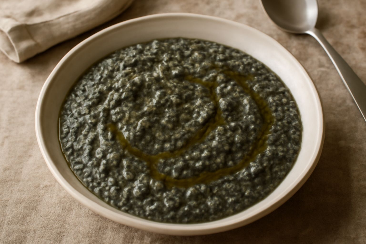 Panata di cavolo nero in ciotola di ceramica bianca: purea densa di colore verde scuro, con filo d'olio extravergine in superficie e pezzetti di pane tostato visibili, servita con cucchiaio di legno
