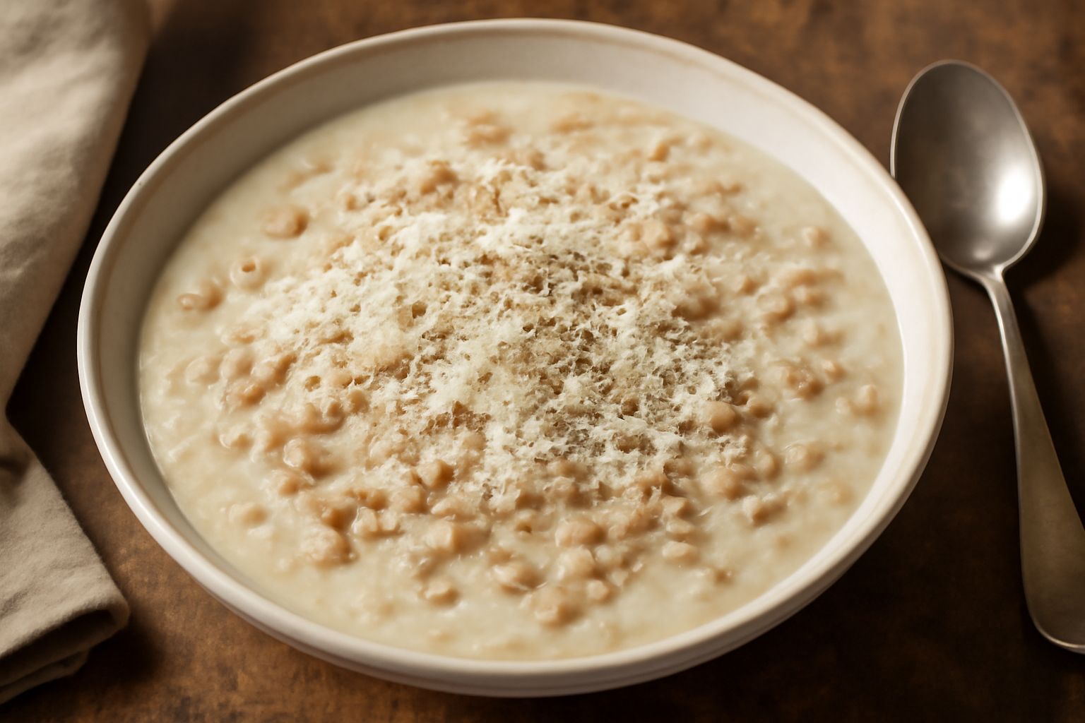 Una ciotola bianca con panata di farro cremosa color avorio, condita con parmigiano grattugiato e pepe nero, brodo visibile tra i chicchi ammorbiditi, cucchiaio di legno poggiato sul bordo