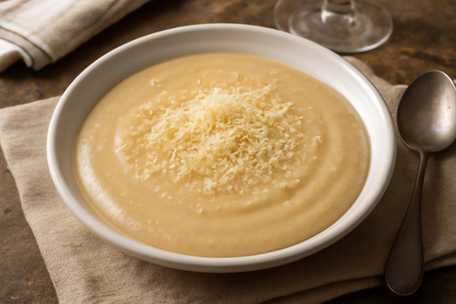 Ciotola di panata ferrarese: zuppa densa beige-oro con consistenza cremosa, guarnita da filo di olio verde oliva, grana gialla di Parmigiano grattugiato, in piatto bianco fondo fondo