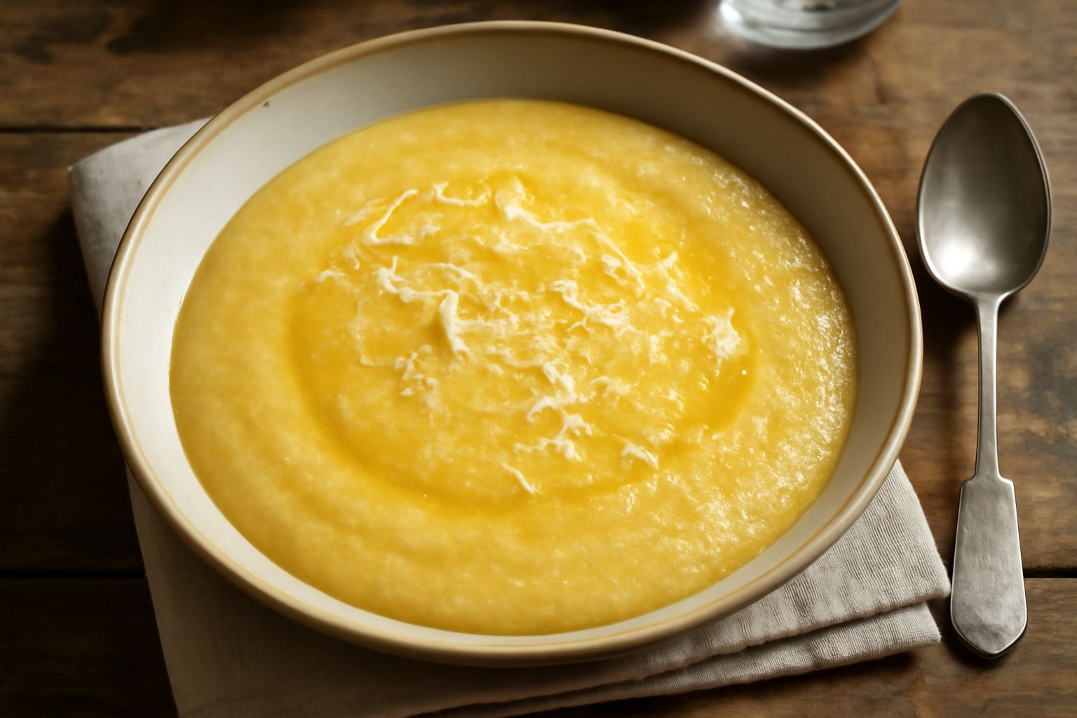 Una ciotola di ceramica bianca con panata lombarda cremosa giallo paglierino, guarnita da una sfoglia di formaggio parmigiano grattugiato e un filo di burro fuso in superficie, accompagnata da cucchia