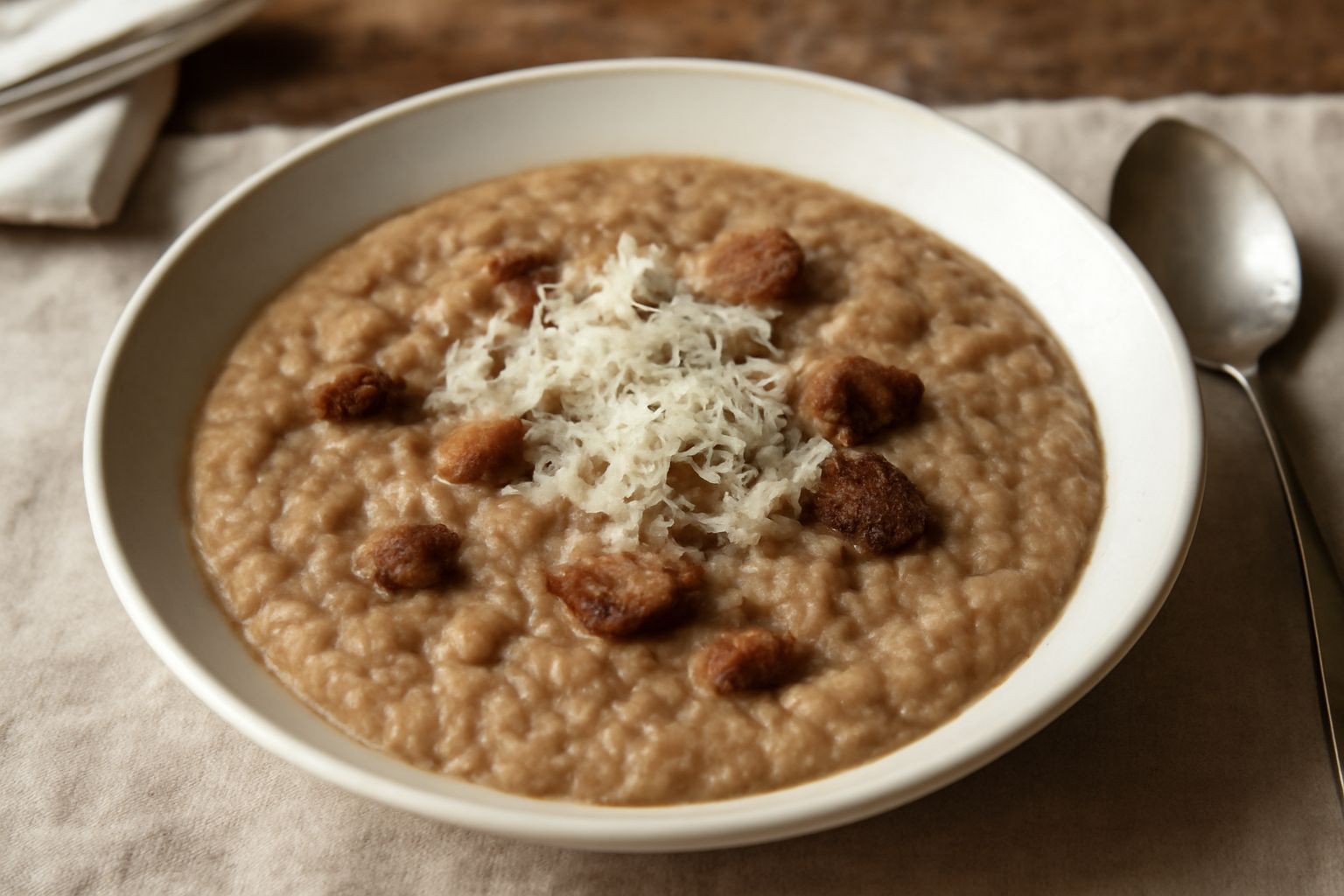 Ciotola di ceramica grigia ricolma di panata piemontese: zuppa densa di colore nocciola scuro, con fili di formaggio Parmigiano visibili in superficie, un cucchiaio di legno piantato dentro, vapore an
