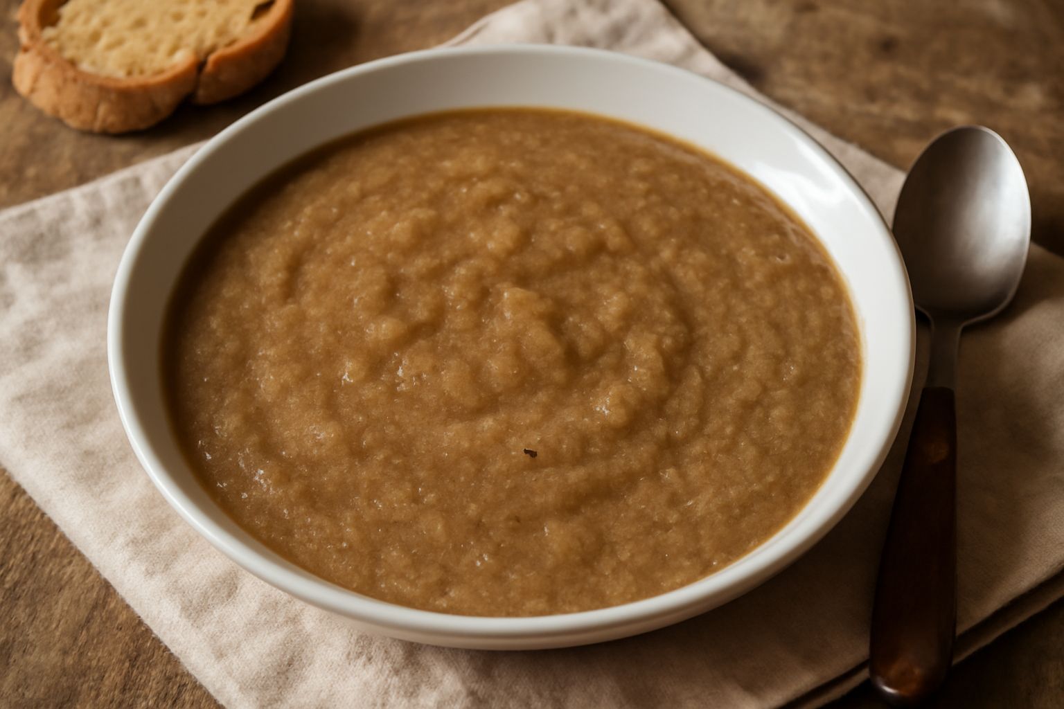 Una ciotola di panata reggina con consistenza densa e cremosa, color marrone chiaro, decorata con fettine di cipolla bianca e erba cipollina, con contorno di pane tostato su un piatto bianco